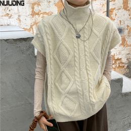 Women Turtleneck Sweater Vests Autumn Spring Sleeveless Solid Argyle Striped Thick knitted Tops Female Jumpers Dropshiping 210514