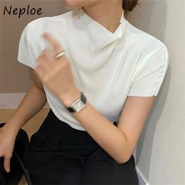 High Neck Pullover Short Sleeve Solid Blouse Women Work Style Ol Simple Basic Blusas Summer Slim Shirt Feminino 210422