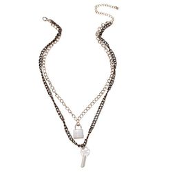 Ins Gun Black Metal Hematite Lock Heart Key Double Layers Minimalism Pendant Choker Necklaces Korean Fashion Women Party Jewellery Chokers