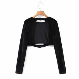 Sexy Woman Velvet Open Back Stretchy Short Tops Spring Fashion Ladies Soft Beading Patchwork T-Shirt Female Vintage Outwear 210515