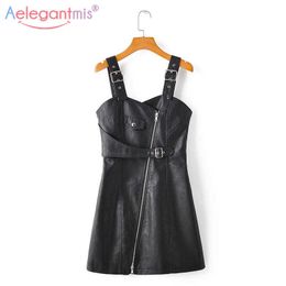 Aelegantmis Pu Leather Women Autumn Dress High Street Sexy Off Shoulder Sleeveless Female Mini Short Ladies Casual es 210607