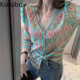 Korobov New Summer Thin Knitted Women Cardigans Korean Short Sleeve V Neck Sweaters Vintage Elegant Outwear Knitwear 210430