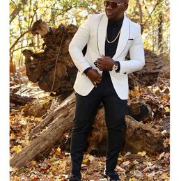 2 piece White African Men Suits with Shawl Lapel Slim fit Wedding Tuxedos for Groomsmen Man Fashion Set Jacket with Black Pants X0909