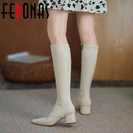 Fashion Side Zipper Knee High Boots For Women Wide Leg Genuine Leather Shoes Woman Wedding Heels Tight 210528