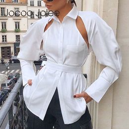 Designed White Shirt Women Long Sleeve Turn-down Collar Hollow Out Slim Blouse Sexy Backless Lace Up Bandage Tops 210428