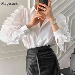Petal Sleeve Pleated Button Up White Shirt Tops Women Chic Fashion Solid Casual Blouses Woman Plus Size Ladies Blouse 13561 210512