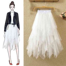 Tulle Skirts Womens Faldas Mujer Moda Fashion Elastic High Waist Mesh Tutu Maxi Pleated Long Midi Saias Jupe Women's Skirt 210619