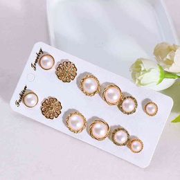 Charms Ear Stud Clip Rings Diamond Inlaid Gold Pearl Set 6-piece Round Court Combination Female Accessories