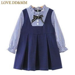 LOVE DD&MM Girls Dresses Autumn Children's Clothing Girl Temperament Fresh Striped Long-Sleeved Fake Two-Piece Dress 210715