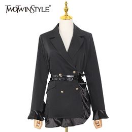 Patchwork Black Blazer For Female Notched Long Sleeve High Waist With Sashes Elegant Blazers Women Autumn 210524
