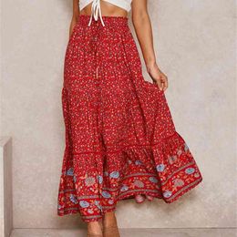 DAILOU Vintage Chic Long Skirts Women Floral Print Beach Bohemian Skirt Summer High Elastic Waist Rayon Cotton Boho Maxi 210629