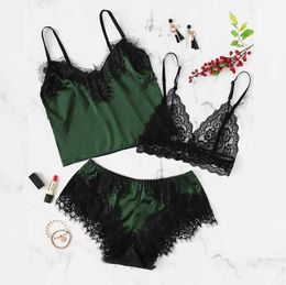 3pc Women Sexy Lace Lingerie Bra+Tops+Shorts Underwear Set Sleeveless Sleepwear Female Pajamas Set Nightie Home Clothes Q0706