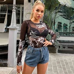 Sexy See Through Crew Neck Long Sleeve T-Shirt Women Harajuku Streetwear Dragon Print Ladies Slim Fit Stretch Tops 210510