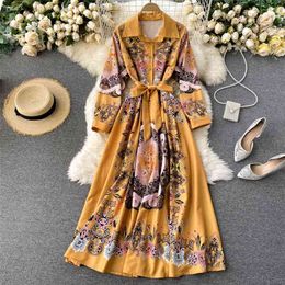 Lady Fashion Court A-line Dress Women Autumn Winter Buckle Belt High Waist Print Long Sleeve Elegant Vestidos Q213 210527