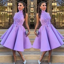 Light Purple Short Cocktail Dresses Sleeveless Lace Appliques High Neck Satin Knee Length Evening Gowns Formal Party Dress Custom Made