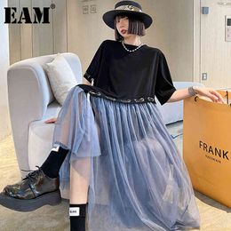[EAM] Women Black Big Size Spliced Mesh Dress Round Neck Short Sleeve Loose Fit Fashion Spring Summer 1DD7414 21512