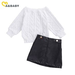 2-7Y Toddler Kid Girls Clothes Set White Sweaters Tops Black Pu Leather Skirts Outfits Autumn Winter Children's Sets 210515