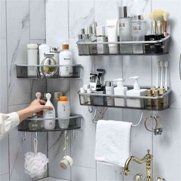 Wall-Mounted Triangle Storage Rack Bathroom Shelf With Towel Bar Hooks Organizer For Bath Household Items Bathroom Accessories 210811