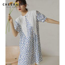 Blue Polka Dot Dress Women Puff Sleeve Big Lace Collar Short A Line Loose Casual Korean Summer 210427