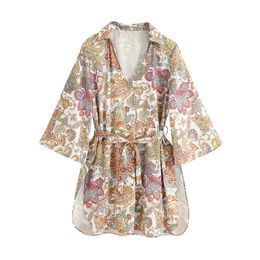 Women Chic Sashes Design Print Mini Dress Fashion Three Quarter Sleeve Side Split Female es Kimono Vestidos 210430