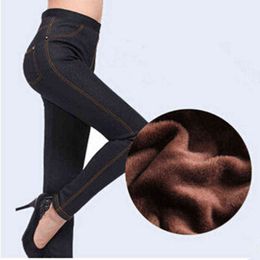 Winter Faux Jeans Pants For Women Black Solid High Waist Pencil Warm Thickening Fleeces Stretch Leggings LG-171 211129