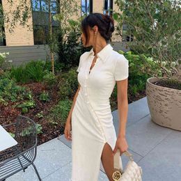 Summer Slit Sexy Dress Women Midi Dresses With Short Sleeves Button Down Patchwork Dresses White Dress Elegant Party Wear 210422