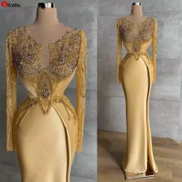 NEW! Vintage Long Gold Evening Dresses Appliques Long Sleeves Shiny Beads Crystals High Split Birthday Party Prom Gowns Robe De Soiree