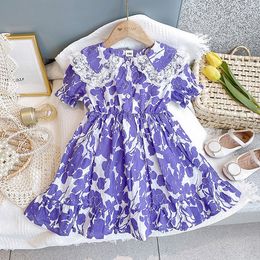 Gooporson Summer Kids Dresses for Girls Purple Flower Lace Collar Short Sleeve Princess Dress Vestidos Fashion Children Costume Q0716