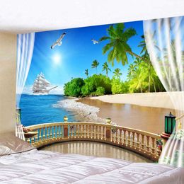 Sea window tapestry Personalised background wall landscape printing tapestry Hippie art home decoration Yoga cushion sofa cushio 210609
