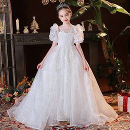 Puffy Girls Dresses 3D Flower V Neck Long Train Kids Teens Pageant Gowns Birthday Party Dress For Wedding Cooktail Gown 403