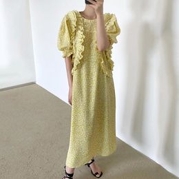 Women Yellow Ruffles Print Dress Round Neck Short Puff Sleeve Loose Fashion Casual Spring Summer 16F0776 210510