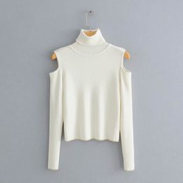 Stylish Chic Women White Turtleneck Out Shoulder Short Sweater Fashion Casual Knitwear Pullovers for Ladies Streetwear 210520