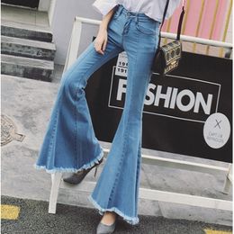 Spring Casual Korea Chic Women Versatile Flare Pants Zipper Loose Solid Colour Blue Trumpet Denim Jeans 8Y641 210510