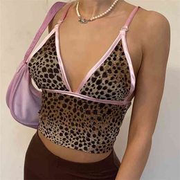 Sexy Stain Patched Leopard Y2K Top With Thin Strap Backless Trend Summer Blue V Neck Sleeveless Pink Crop Cami Party 210510