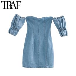 Women Sexy Fashion Back Zipper Denim Mini Dress Vintage Slash Neck Short Sleeve Female Dresses Vestidos Mujer 210507