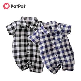 Spring Autumn Baby Romper Cotton Casual Classic Plaid Collar One Pieces Jumpsuit Clothing Two Colors Sale 0-12M 210528