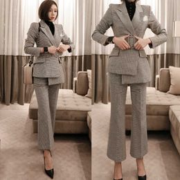 women suits Autumn Long sleeve sashes plaid blazers pants Office Lady Formal Work clothes woman set 210529