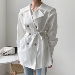 Autumn Korean Style Ladies Chic Trench Coat For Women Big Lapel Double-breasted Bandage Waist Windbreaker Outerwear 210514