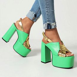 Sandals 2022 Summer Green Gold White Patchwork Open Toe Sexy Woman Shoes Slingback African Ladies Platform 14cm Block High Heels