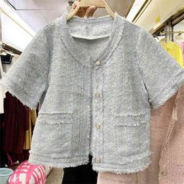 Small Fragrance Summer Korean Fashion Casual Tweed Jacket Coat Women Crop Top Short Sleeve Vintage Outwear 210514