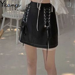 Black Stitching Lace-Up Gothic Skirt Women Cotton High-Waist Mini Skirt Summer Streetwear Female Sexy Split Fork Hip Skirt 210619