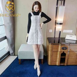 Women Autumn Winter Vest Dress Square Neck Strap Vintage Sleeveless Pocket and Black sweater Suit 210506