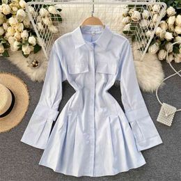 Spring Fashion Temperament Blouse Women Retro Lapel Waist Slimming Blusa Solid Colour Single-breasted Shirt C817 210506