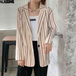 Spring One Button Striped Cotton Women Blazer Jacket With Pockets Female Casual Long Sleeve Elegant Suit Loose Outwear 210514