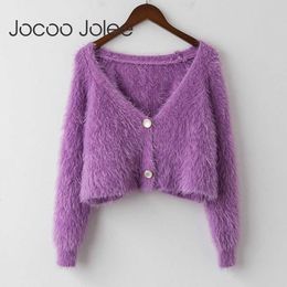 Jocoo Jolee Women Elegant V Neck Cardigan Sweater Korean Style Mohair Knitted Jackets Autumn Long Sleeve Cropped Coats 210619