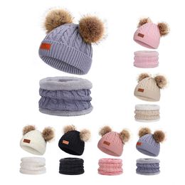 Winter Baby Hat Scarf Suit Pompon Kids Hats Thick Warm Scarf Autumn Knitteed Children Caps Cotton Girls Boys Neck Drophipping 211023