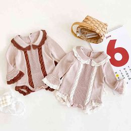 Autumn born Girls Doll Collar Jumpsuits Clothes Baby Knit Rompers Knitted Flare Sleeve Long Toddler Children 210429