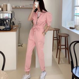 High quality casual Jumpsuits Overalls rompers womens jumpsuit short Sleeve Summer Single-breasted long pants Female 210518