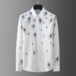 Peacock Feather Print Shirts Men High-end Long Sleeve Casual Slim Shirt Business Dress Social Party Blouse Stage Banquet Tuxedo 210527