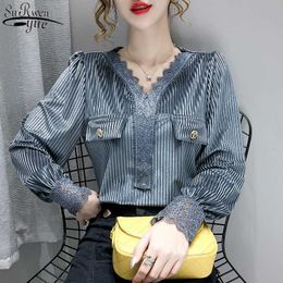 Spring Fashion V-neck Long Sleeve Women's Shirts Lace Blouse Splicing Office Lady Shirt Gold Velvet Bottom Clothes 12057 210527